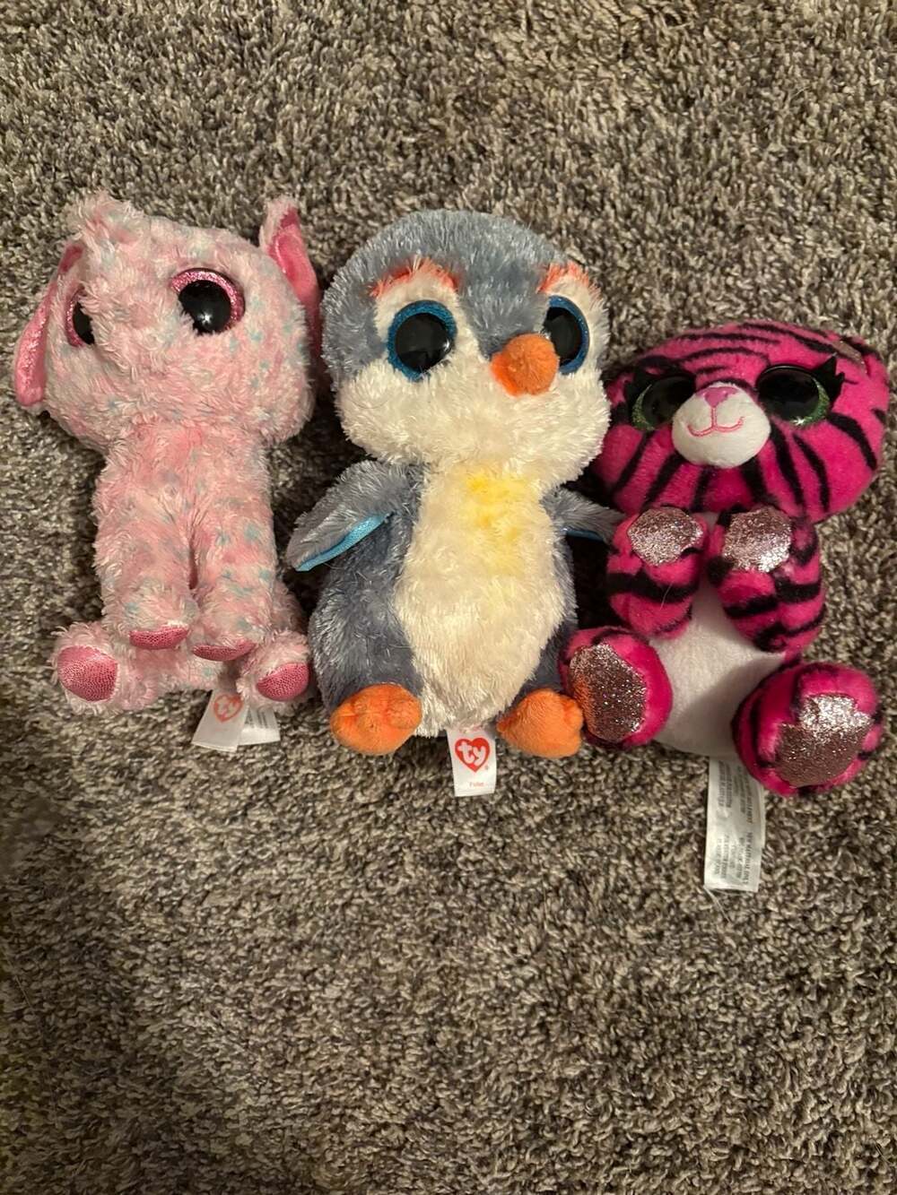Lot of 3 Ty Beanie Boos - Fisher the Penguin, Pink Dog, and Tiger Glitter Eye Pl